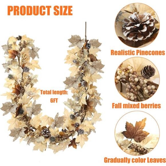 Fall Garland with Lights 6Ft Autumn Garland with Pumpkins Maple Leaves - Picture 7 of 8